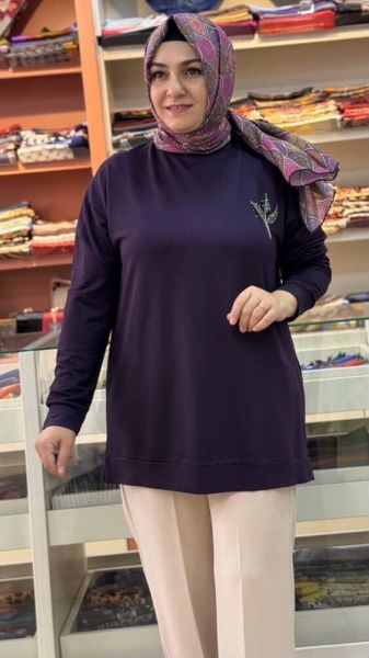Lale Taşlı Kısa Sweat Tunik Mürdüm/9667