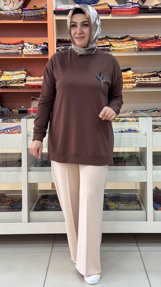 Kado - Lale Taşlı Kısa Sweat Tunik Kahve/9667