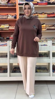 Kado - Lale Taşlı Kısa Sweat Tunik Kahve/9667