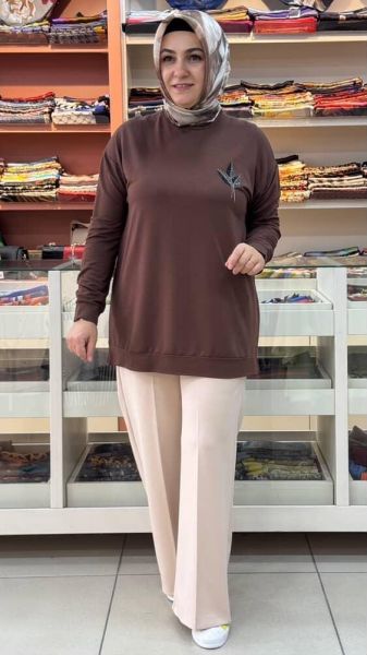 Lale Taşlı Kısa Sweat Tunik Kahve/9667