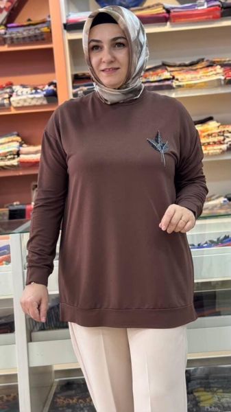 Lale Taşlı Kısa Sweat Tunik Kahve/9667