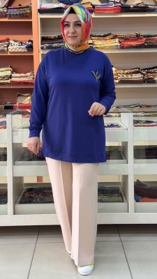 Kado - Lale Taşlı Kısa Sweat Tunik İndigo/9667