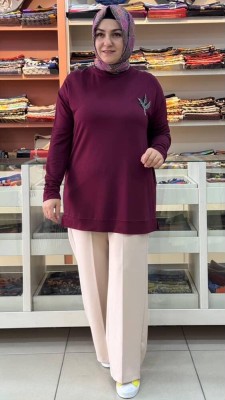 Kado - Lale Taşlı Kısa Sweat Tunik Bordo/9667