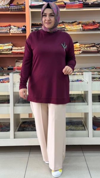 Lale Taşlı Kısa Sweat Tunik Bordo/9667