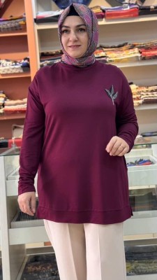 Lale Taşlı Kısa Sweat Tunik Bordo/9667 - Thumbnail