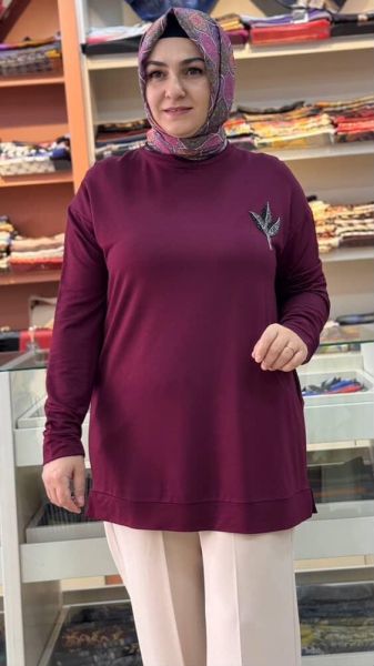 Lale Taşlı Kısa Sweat Tunik Bordo/9667