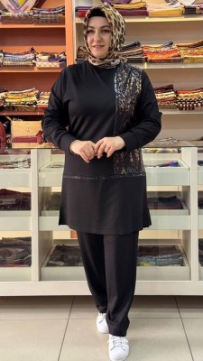  - Leopar Detaylı Pantolonlu Takım Siyah/1441