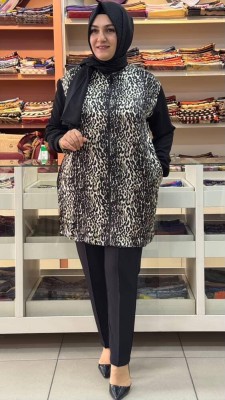 Leopar Saten Detaylı Tunik Siyah/4290 - Thumbnail