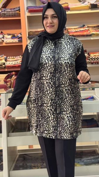 Leopar Saten Detaylı Tunik Siyah/4290
