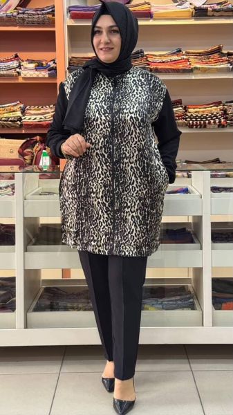 Leopar Saten Detaylı Tunik Siyah/4290