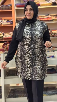 Leopar Saten Detaylı Tunik Siyah/4290 - Thumbnail