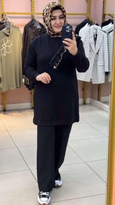 Leopar Tül Detaylı Tunik Siyah/257011 - Thumbnail