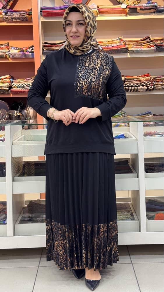  - Leopar Ve Pul Detaylı Etekli Takım Siyah/7046