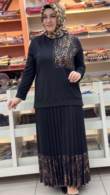 Leopar Ve Pul Detaylı Etekli Takım Siyah/7046 - Thumbnail