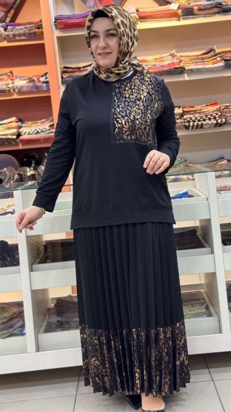 Leopar Ve Pul Detaylı Etekli Takım Siyah/7046