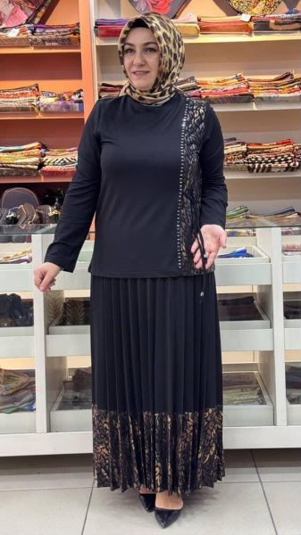 Leopar Ve Taş Detaylı Etekli Takım Siyah/7123