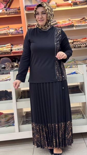 Leopar Ve Taş Detaylı Etekli Takım Siyah/7123