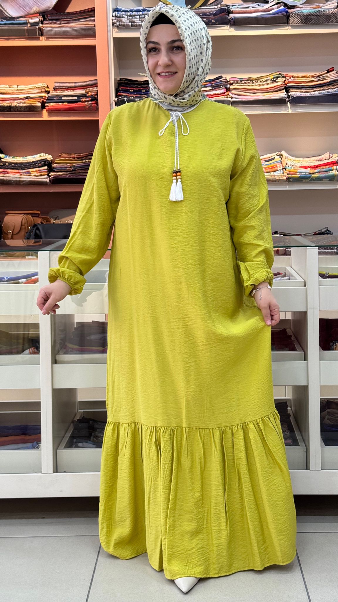İnza Moda - Mango Düz İpli Elbise Yağ Yeşili/5290