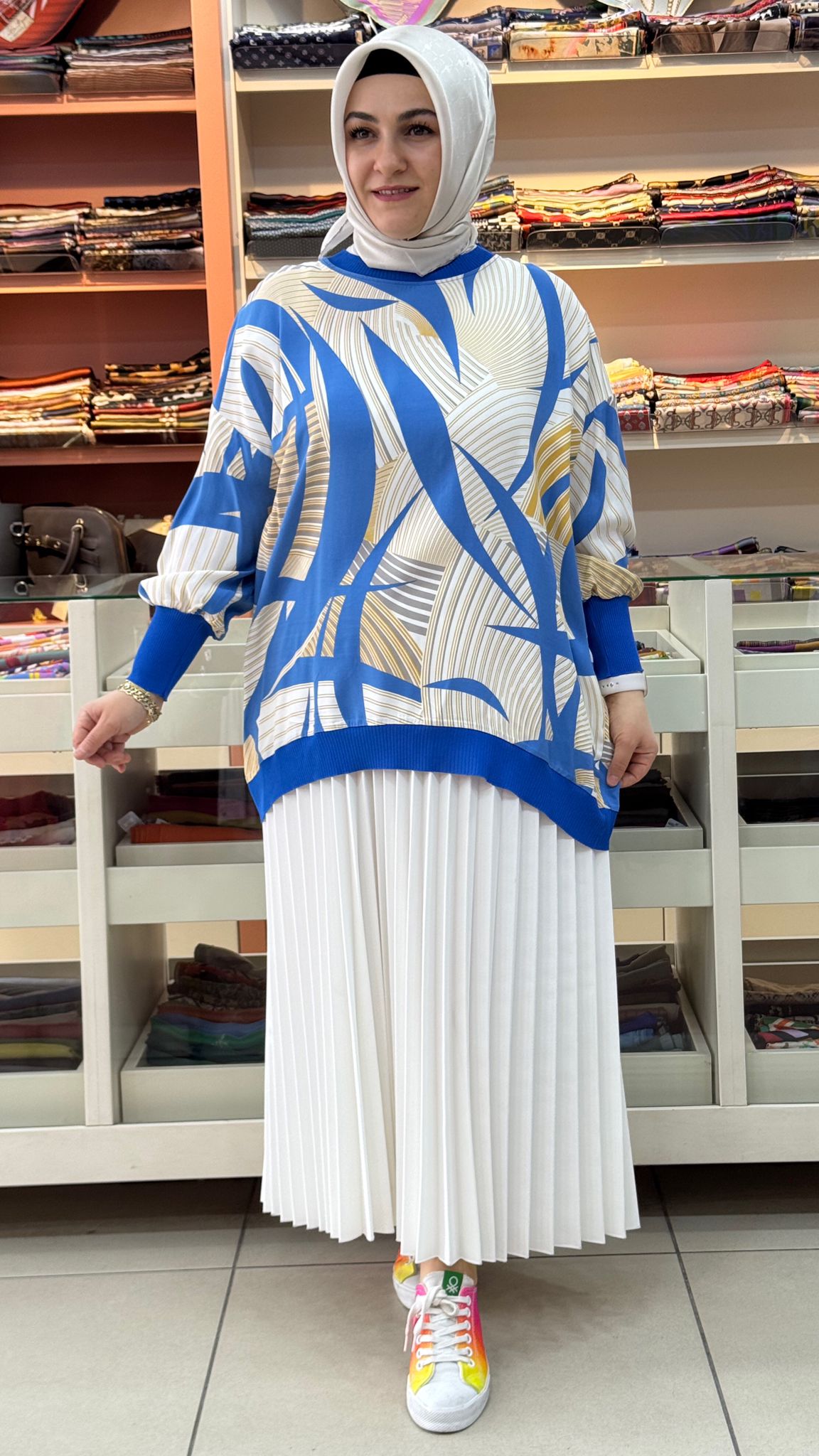 TIĞ TRİKO - Manşetleri Düğme Detaylı Geometrik Desen Tunik Saks/3060 