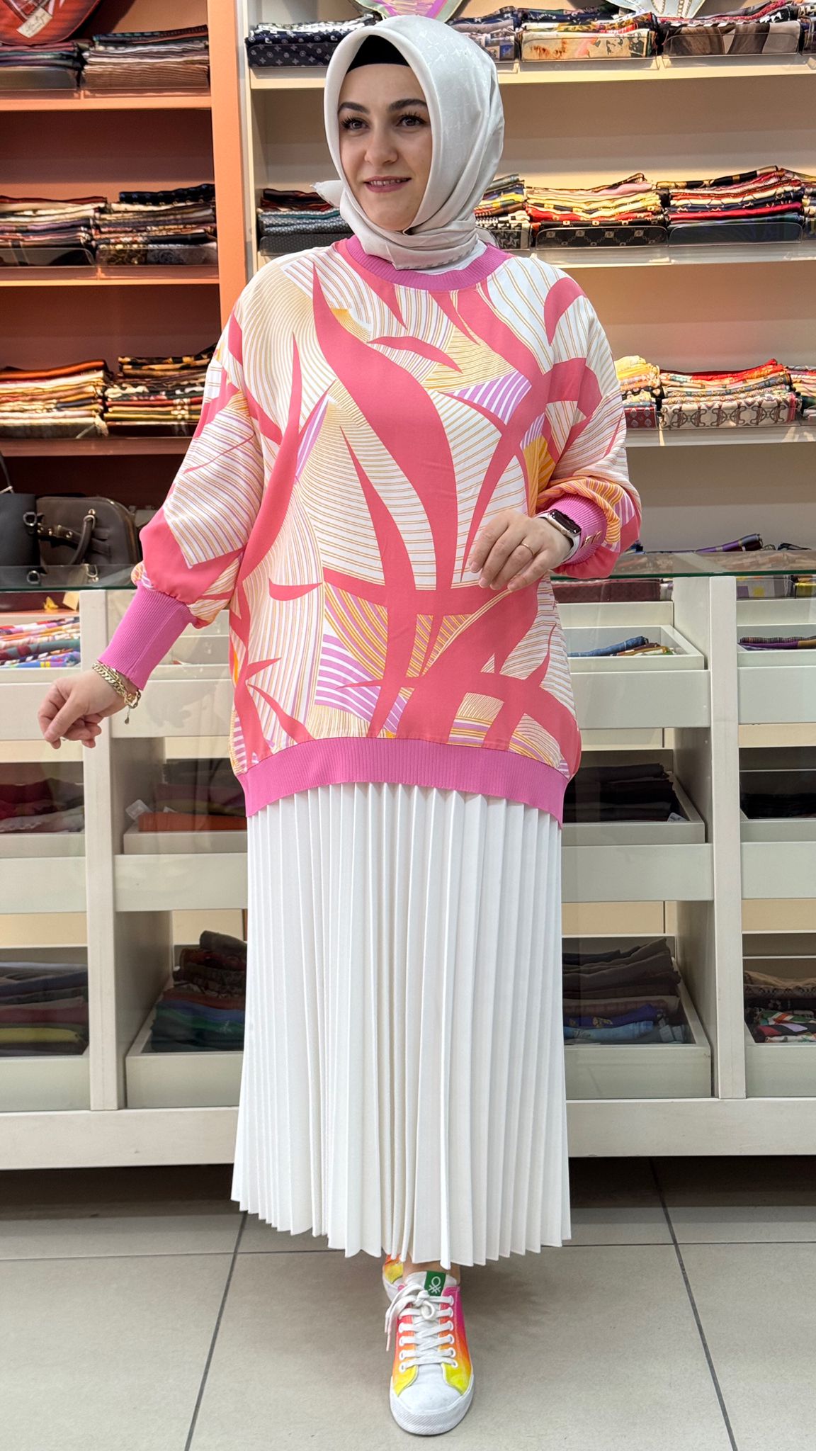 TIĞ TRİKO - Manşetleri Düğme Detaylı Geometrik Desen Tunik Pembe/3060