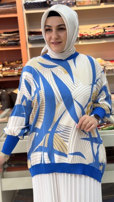 Manşetleri Düğme Detaylı Geometrik Desen Tunik Saks/3060 - Thumbnail