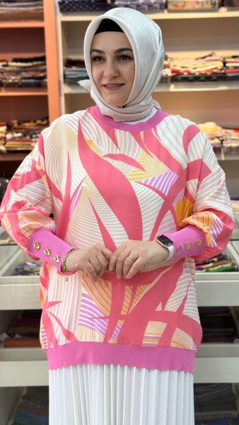 Manşetleri Düğme Detaylı Geometrik Desen Tunik Pembe/3060