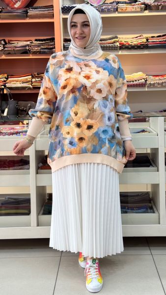 Manşetleri Düğme Detaylı Gül Desen Tunik Somon/3060