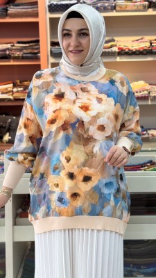 Manşetleri Düğme Detaylı Gül Desen Tunik Somon/3060 - Thumbnail