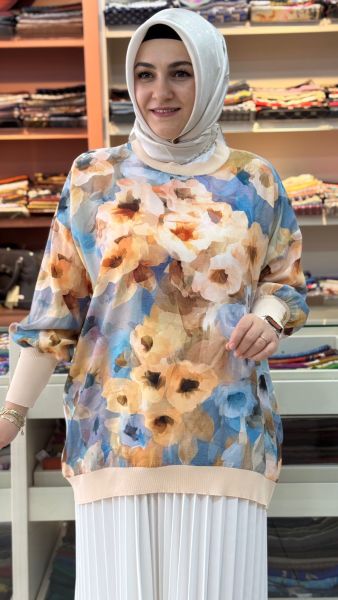 Manşetleri Düğme Detaylı Gül Desen Tunik Somon/3060