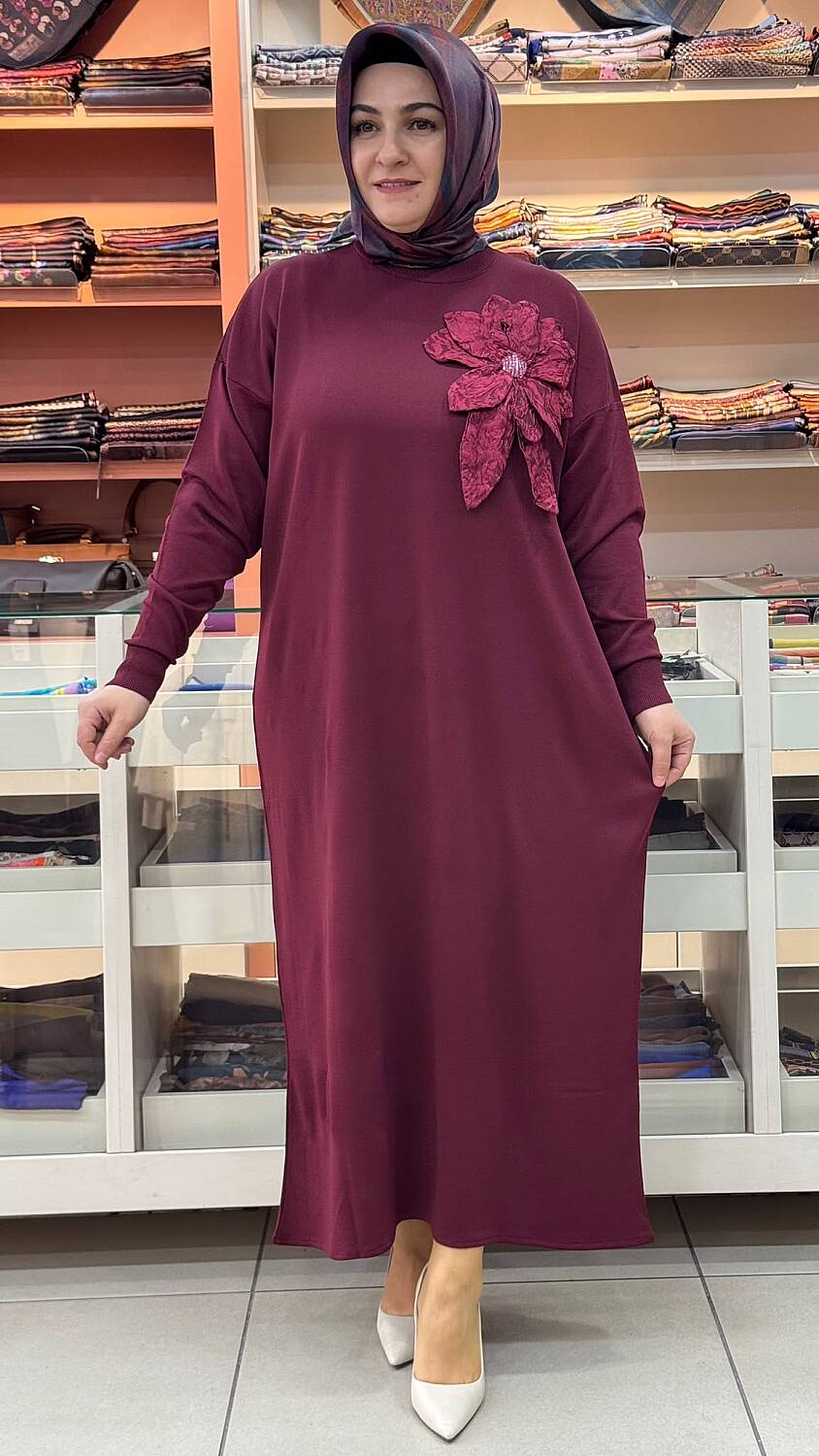 Merserize Çiçekli Triko Elbise Bordo/25110 - 1