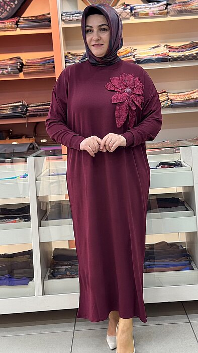 Merserize Çiçekli Triko Elbise Bordo/25110   - 2
