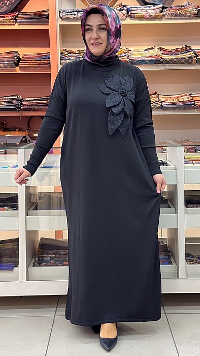 Merserize Çiçekli Triko Elbise Siyah/25110 