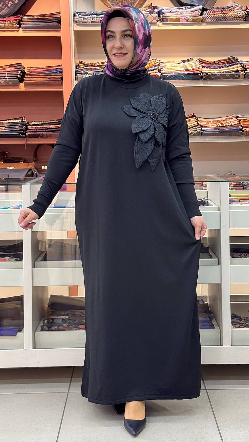 Merserize Çiçekli Triko Elbise Siyah/25110 - 1