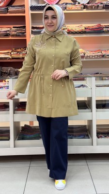 TIĞ TRİKO - Metal Düğmeli Boncuk İşlemeli Kap Yağ Yeşili/6033 