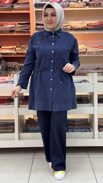 Metal Düğmeli Boncuk İşlemeli Kap Lacivert/6033 