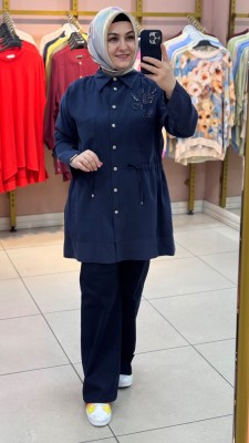 Metal Düğmeli Boncuk İşlemeli Kap Lacivert/6033 - Thumbnail