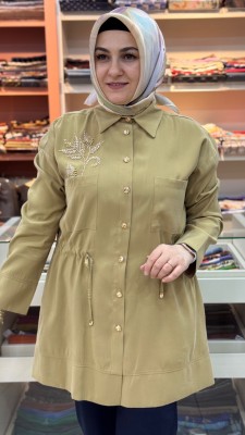 Metal Düğmeli Boncuk İşlemeli Kap Yağ Yeşili/6033 - Thumbnail