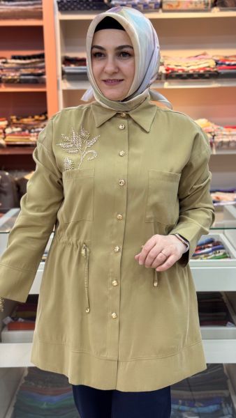 Metal Düğmeli Boncuk İşlemeli Kap Yağ Yeşili/6033 