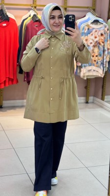 Metal Düğmeli Boncuk İşlemeli Kap Yağ Yeşili/6033 - Thumbnail