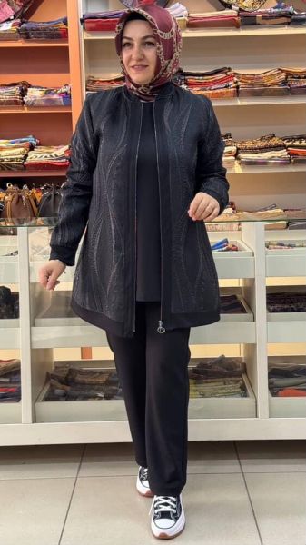 Modal Şifon Jakarlı Üçlü Takım Siyah/2297