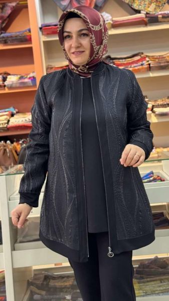 Modal Şifon Jakarlı Üçlü Takım Siyah/2297