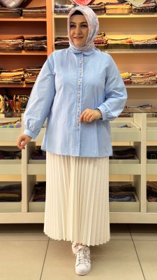 Nakış Detaylı Gömlek Mavi/260134 - Thumbnail