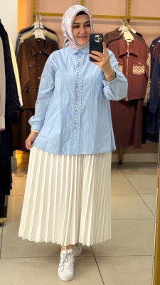 Nakış Detaylı Gömlek Mavi/260134 - Thumbnail