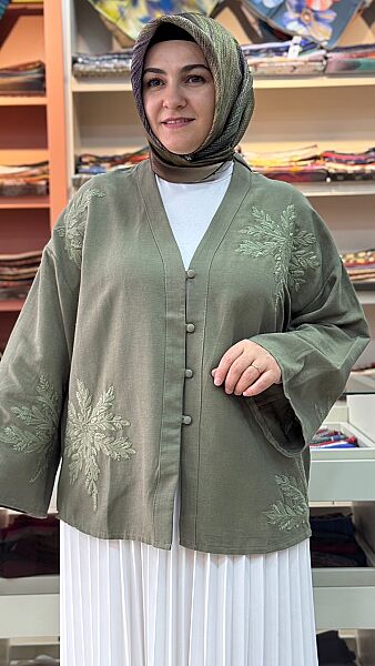 Nakış Detaylı V Yaka Gömlek Haki/ 3516 