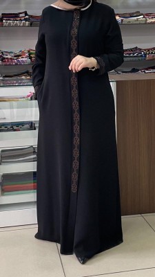  - Nakışlı Taş Detaylı Ferace Siyah/6009