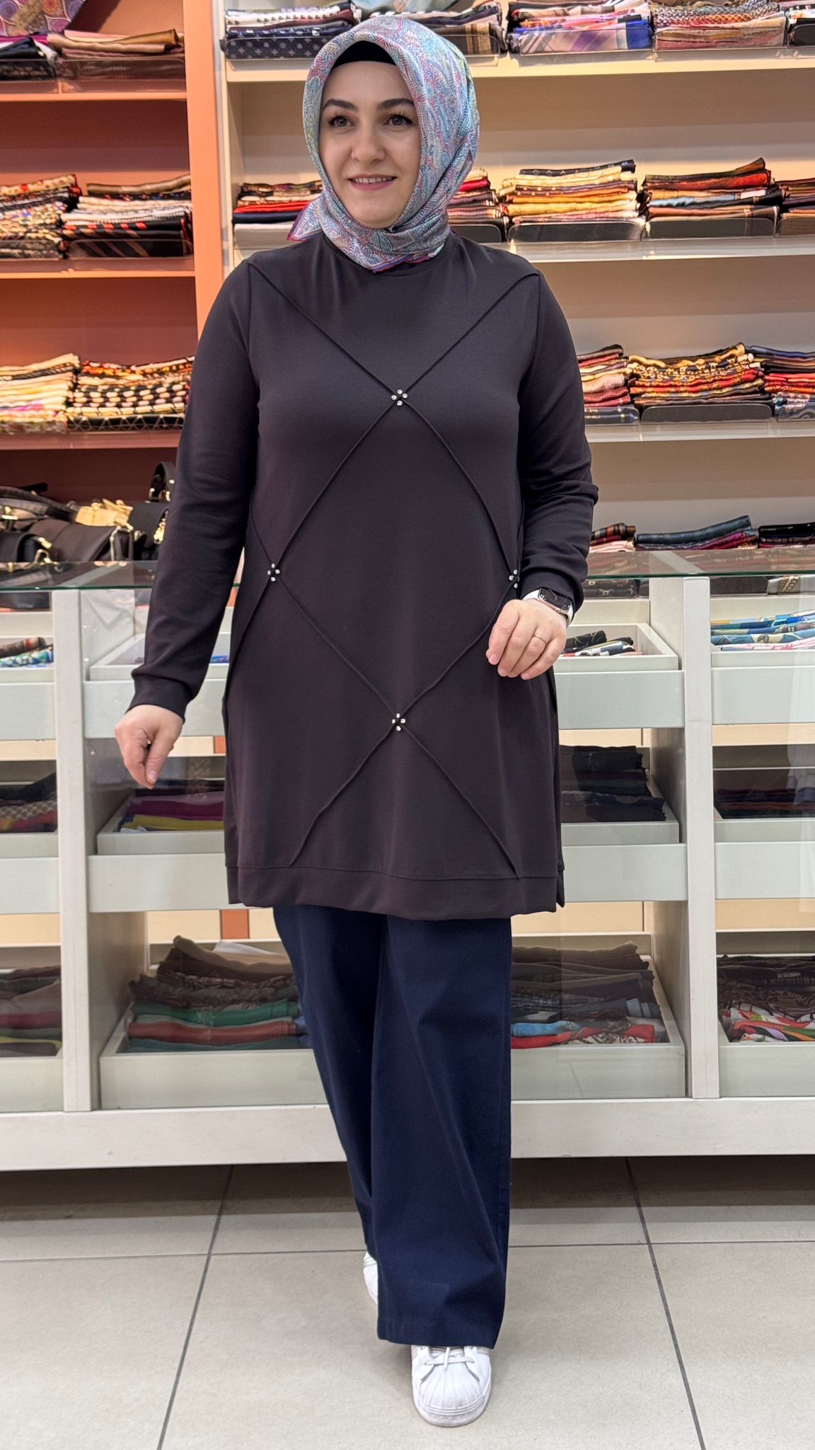 Kado - Nervür Taş Detaylı Tunik Acı Kahve/257696