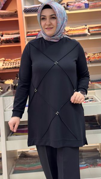 Nervür Taş Detaylı Tunik Siyah/257696