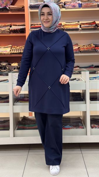 Nervür Taş Detaylı Tunik Lacivert/257696