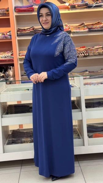 Omzu Taş Detaylı Elbise İndigo/251318