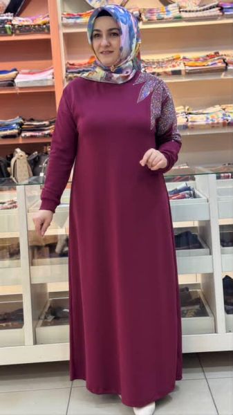 Omzu Taş Detaylı Elbise Bordo/251318